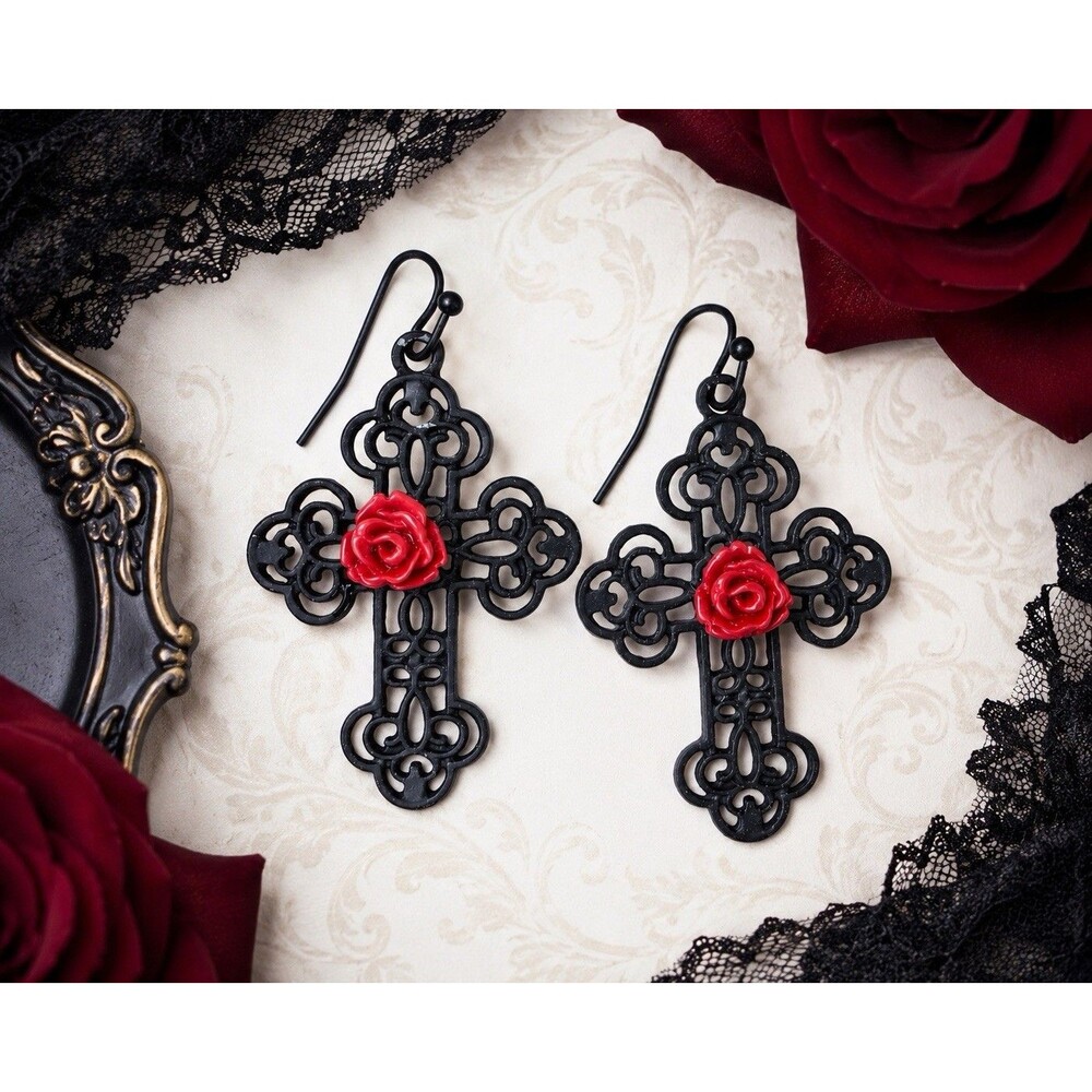 Vintage Gothic Black Cross Red Rose Dangle Earrings Victorian Goth Statement